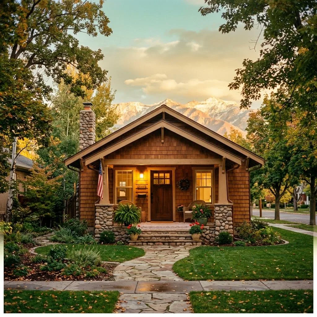 A Utah home at golden hour with the Wasatch mountains behind it